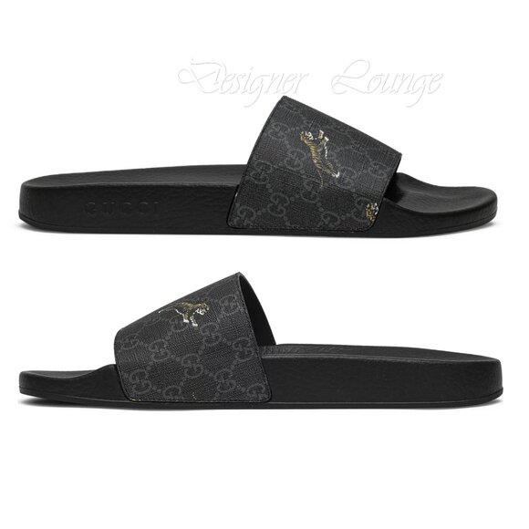 NEW GUCCI Men's GG Supreme Tiger Print Black Slides Sandals 9 G / US 9.5 Authen - Picture 5 of 11